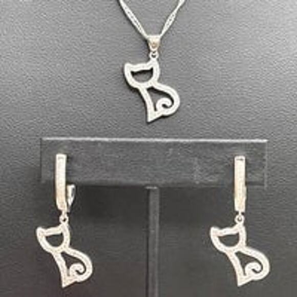 NEW Kitten Cat Necklace Earring Jewelry Set 925 Sterling Silver Plate CZ Lot MA2 - Picture 1 of 4